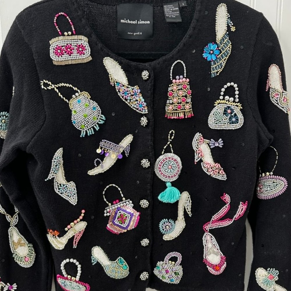 Michael Simon Vintage Beaded Cardigan Sweater Heels & Purses Size S